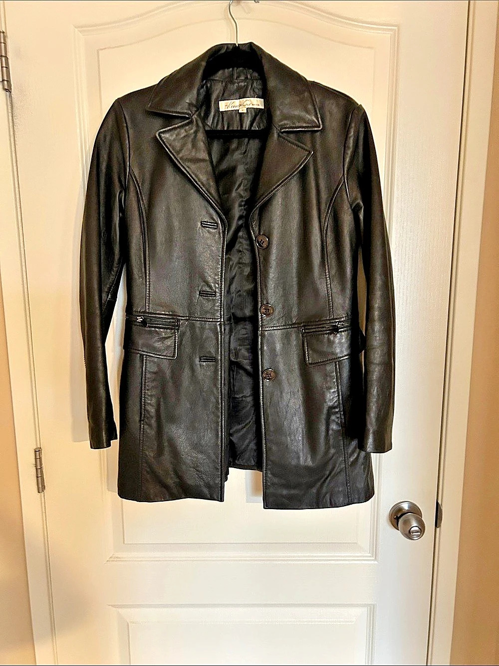 Kenneth Cole Black Leather-Style Coat Size Small Like New